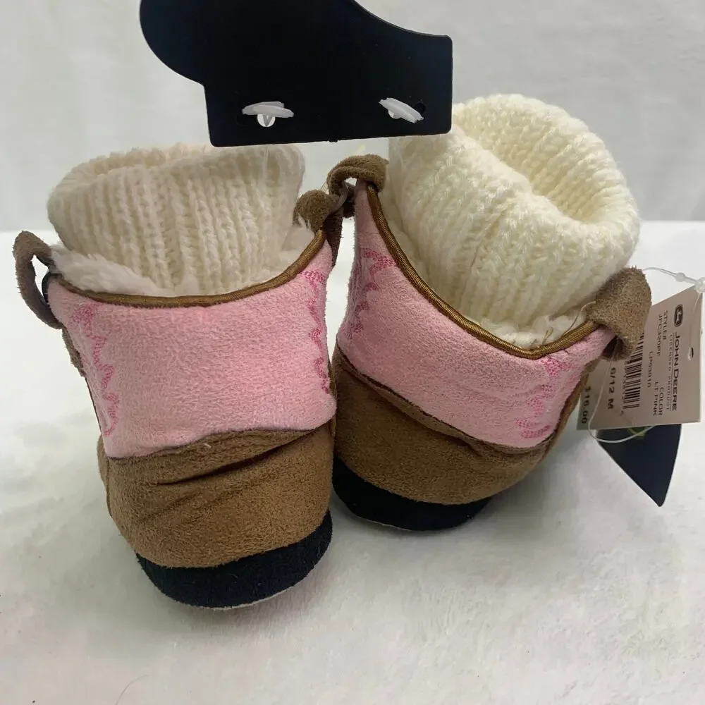 NWT John Deere Baby Girls Sz 6.5 Cowgirl Boot Slippers Pink Brown Sueded Booties